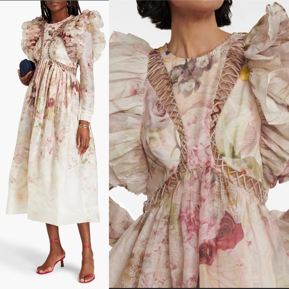 NWT Zimmermann Dancer Laced Midi Ruffled Floral Print Linen And Silk Size 0